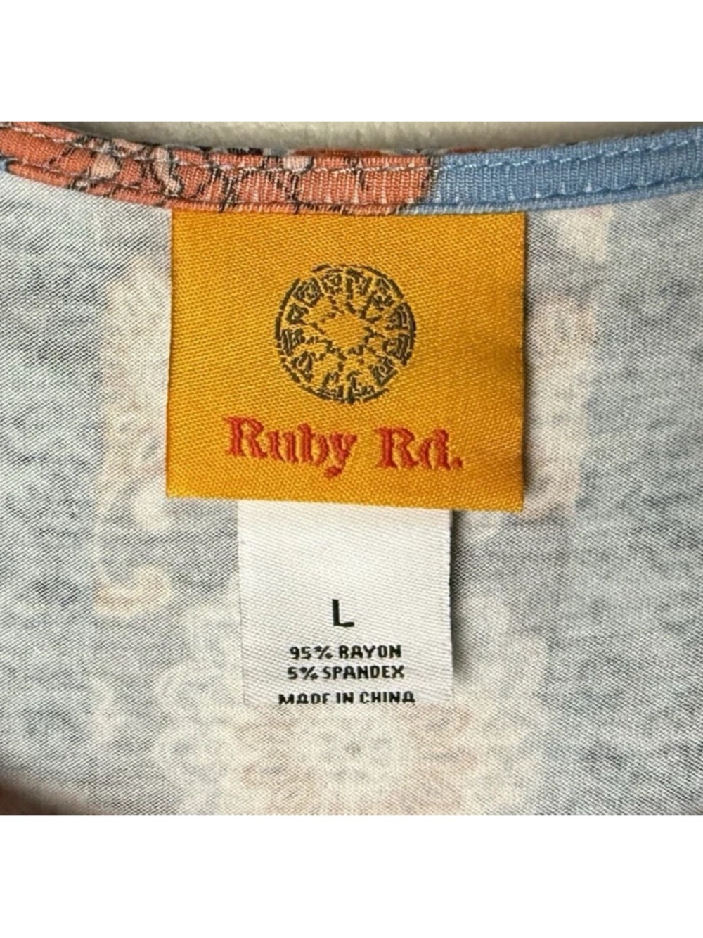 Ruby Rd Tunic Top Sz Large Blue Orange Floral Patchwork Boho 3/4 Sleeves Stretch - Picture 7 of 7